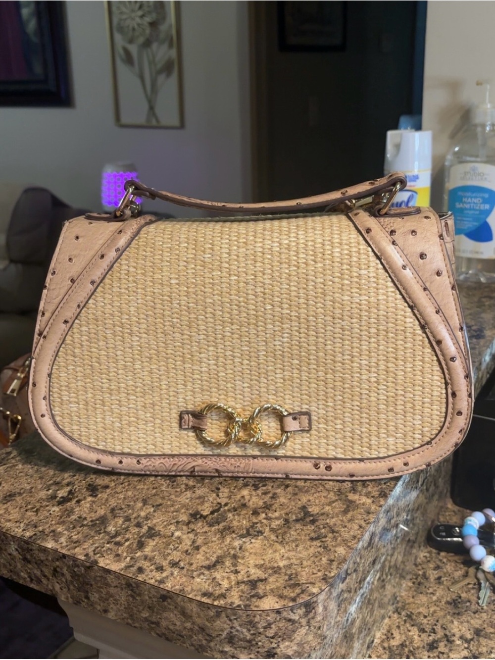 Neutral Straw and Blush Shoulder Bag with Gold Hardware